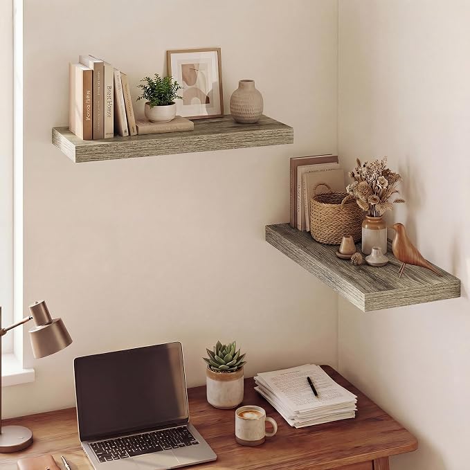 Dreamland 24 Inches Floating Shelves for Wall,9.3" Deep Long Floating Shelves Set of 2,Large Display & Storage Shelf,Wall Shelf for Bathroom Bedroom Living Room Kitchen Office,Grey