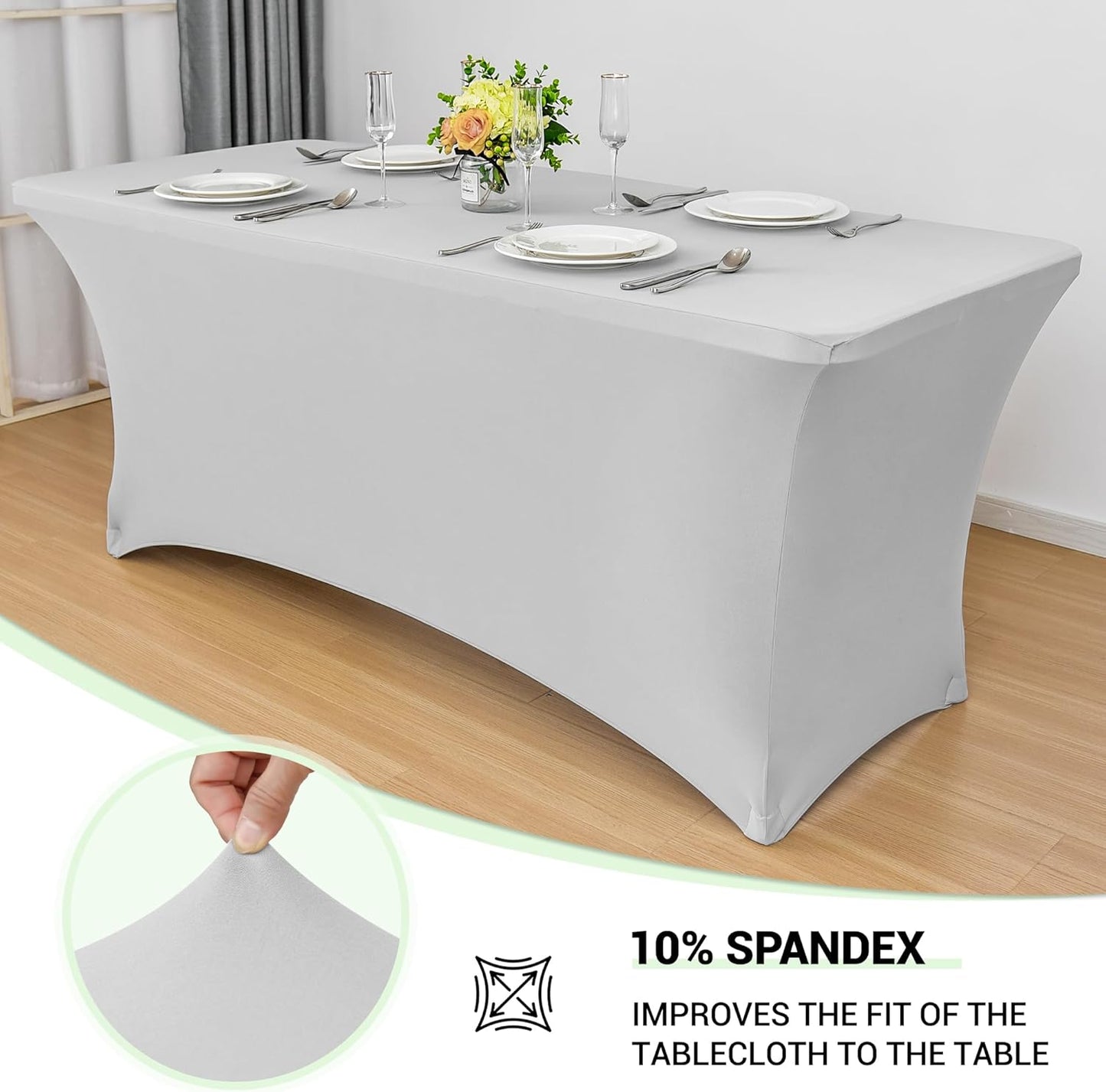 Obstal 6ft Stretch Spandex Table Cover for Standard Folding Tables - Universal Rectangular Fitted Tablecloth Protector for Wedding, Banquet and Party, 72L x 30W x 30H Inches, Silver, 2pc