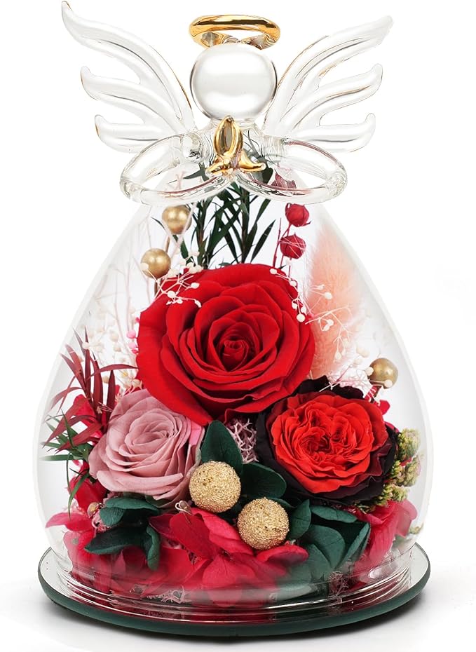 Red Preserved Rose Glass Angel Figurine, Romantic Gifts for Wife Girlfriend, Real Forever Flower I Love You Anniversary Birthday Presents for Her