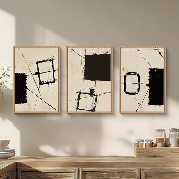 HOURIA Abstract Neutral Black Beige Brush Stroke Framed Canvas Wall Art Set,Wabi Sabi Geometric Grunge Line Shapes Wall Decor,Modern Minimalist Ink Sketch Artwork for Living Room,Farmhouse-16 x24 x3
