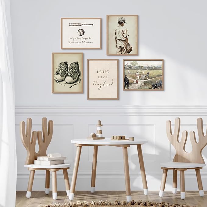 Baseball Nursery Wall Art Decor Vintage Boys Room Canvas Posters Sports Boy Pictures Baseball Vintage Nursery Painting Neutral Sport Kids Room Prints Wall Art for Bedroom 12x16x5 Inch Unframed ﻿
