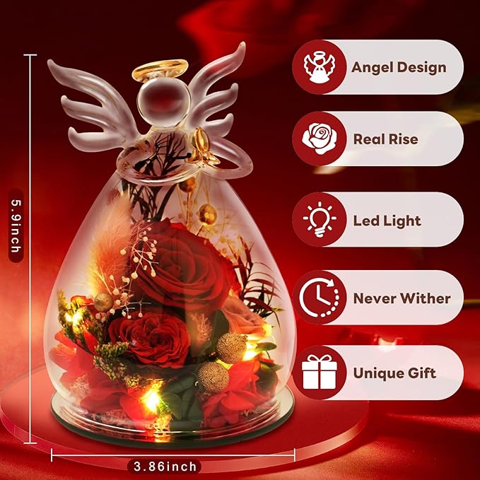 Red Preserved Rose Glass Angel Figurine, Romantic Gifts for Wife Girlfriend, Real Forever Flower I Love You Anniversary Birthday Presents for Her