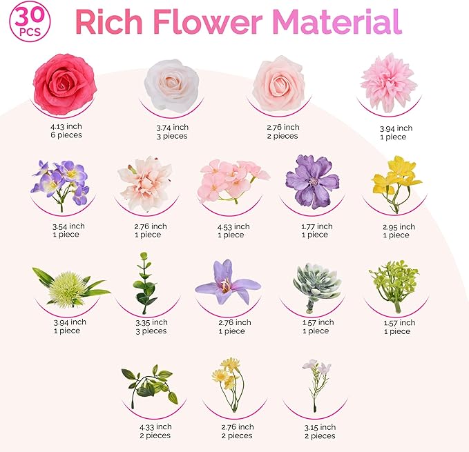 Artificial Flowers Combo Box, 30PCS Fake Flowers, Silk Flower Mix with Wire Stem, DIY Wedding Bridal Bouquet for Arrangement, Shower Party Home Décor, Hot Pink & Rose Mix
