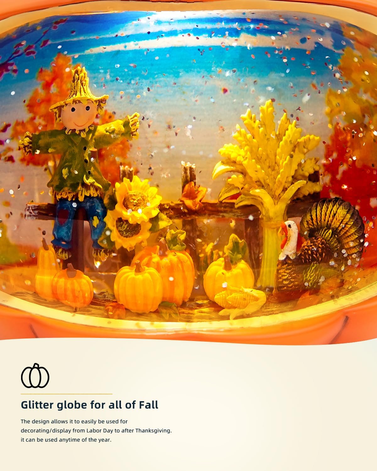 Fall Decor Snow Globe Lighted Pumpkin Thanksgiving Decoration Swirling Glitter Snow Globes Pumpkin Table Accent for Fall Harvest Day Decorations,Pumpkin&Scarecrow