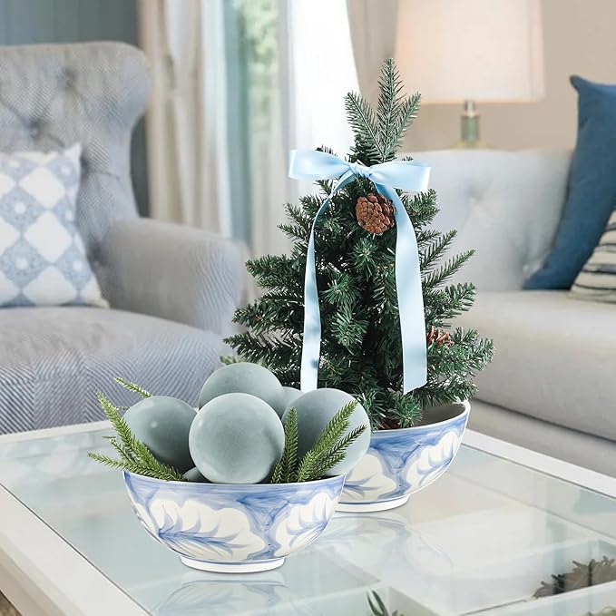 Maxdot Blue and White Bowl 10 x 5 Inch Large Hand Painted Stoneware Decorative Vase Bowl with Floral Chinoiserie Ceramic Design for Kitchen Centerpiece Creative Home Decor