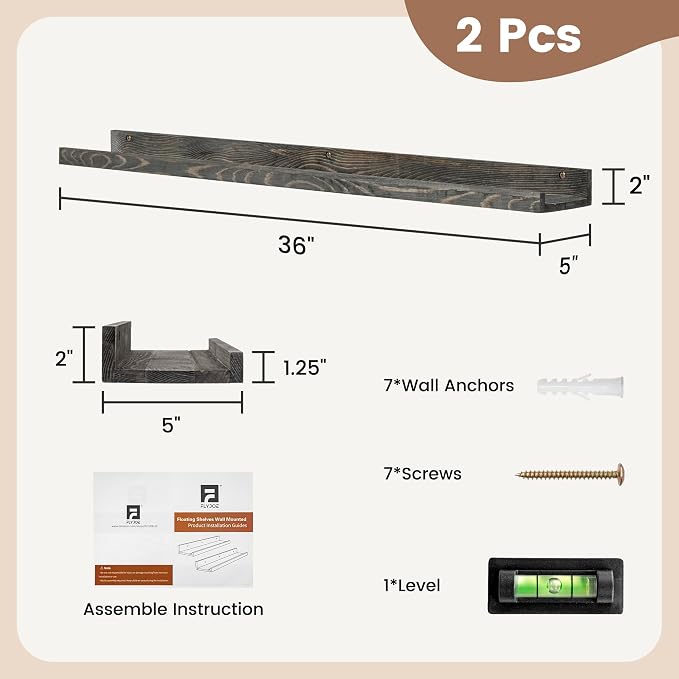 FLYJOE 36 Inches Floating Shelves for Wall, Solid Pine Wood Picture Ledge Shelves, Wall Shelves with Lips, Nursery Book Shelves for Toys Storage Living Room Bedroom Photo Frames (2 Pcs, Grey)