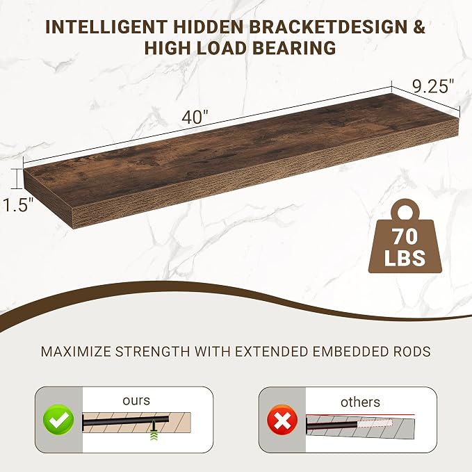 Acovy 40 Inch Floating Shelves, 3D Textured Wood Grain, 40"x9.25"x1.5" Inch Deep Floating Shelves for Wall, Wooden Shelves for Bathroom, Bedroom, Living Room, Brown, 1 Piece