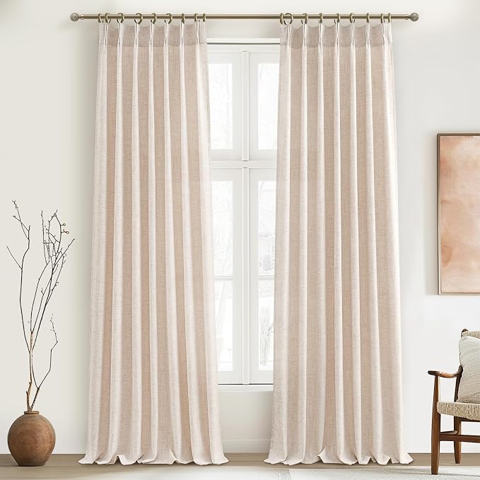 PleatedDrapes Custom Curtains for Living Room 2 Pages, Linen Curtains 102 Inches Long for 100-103 Inch Large Windows Light Filtering Formal Pinch Pleated Flowy Sheer Lightweight Sand Beige W40 xL102
