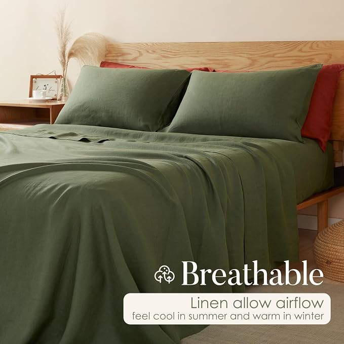 DAPU 100% Linen Pillowcases 20x40 Inches Pillow Cases (Pack of 2) with Envelope Closure, Stone Washed Breathable and Cooling (Olive Green, King)