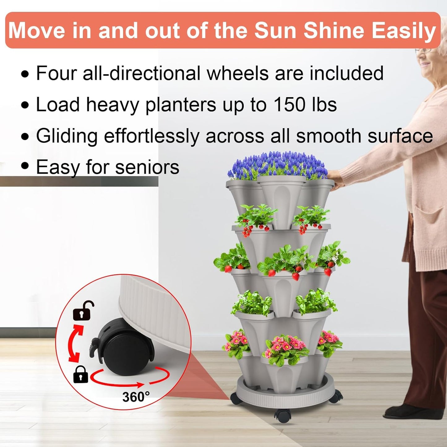 DUNCHATY Stackable Vertical Garden Planter with Wheels and Tools, Self-Watering Indoor/Outdoor 5-Tier Herb Planter for Growing Vegetables and Succulents, Gray