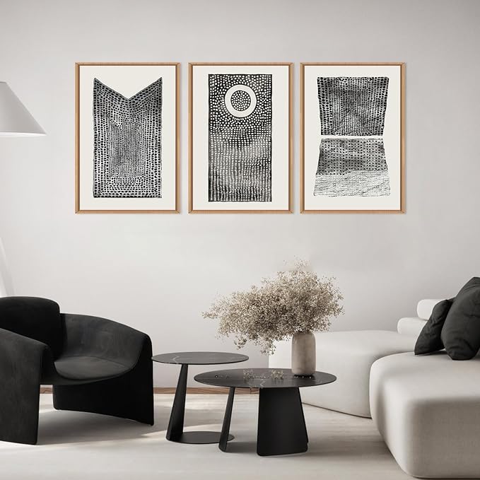DRACIT Large Abstract Dot Black Pattern Framed Canvas Wall Art Set,Modern Neutral White Circle Wall Decor,Minimalist Black White Geometric Artwork for Living Room,Bedroom,Office-24 x36 x3