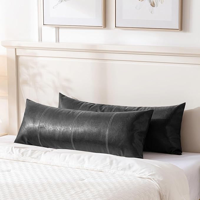 Fancy Homi Black Boho Long Lumbar Faux Leather Decorative Throw Pillow Covers 14x36 Inch for Living Room Couch Bed Sofa, Hand Stitched Rectangle Cushion Case, Rustic Modern Farmhouse Home Decor