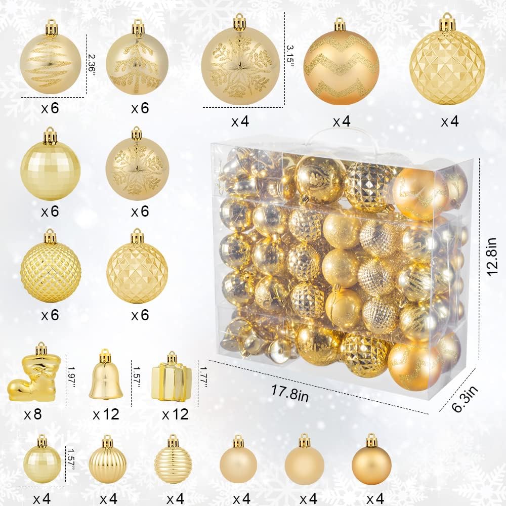 116Pcs Gold Christmas Ball Ornaments, Shatterproof Hanging Decoration Set with Gift Box, Assorted Decorative Baubles for Xmas Tree/Home/Wedding/Party/Holiday