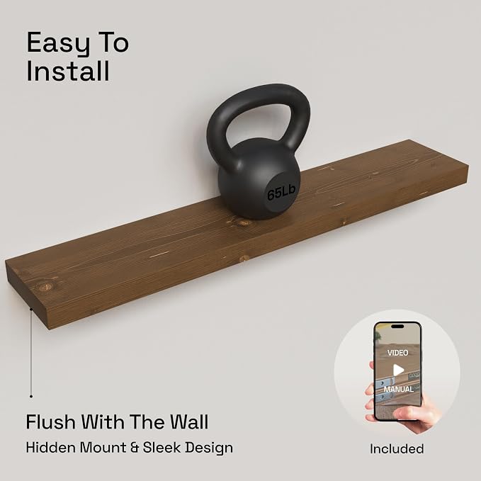 Solid Wood Floating Shelves for Wall 36 Inches Long, Walnut Wooden Shelf | Real Wood, Heavy Duty, Wall Mounted, Bedroom Bathroom Kitchen Living Room Rustic, Walnut Finish, 36W × 6.7D, Set of 2