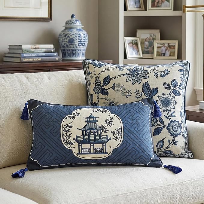 bilin gaier Designer Vintage Linen Throw Pillow Cover,20"x12"-Suqing B | Chinoiserie Elegant Rectangular Blue Pillow Cover,Concealed Zipper,Sofas,Bedroom,Living Room,Dining,Lounge Chairs