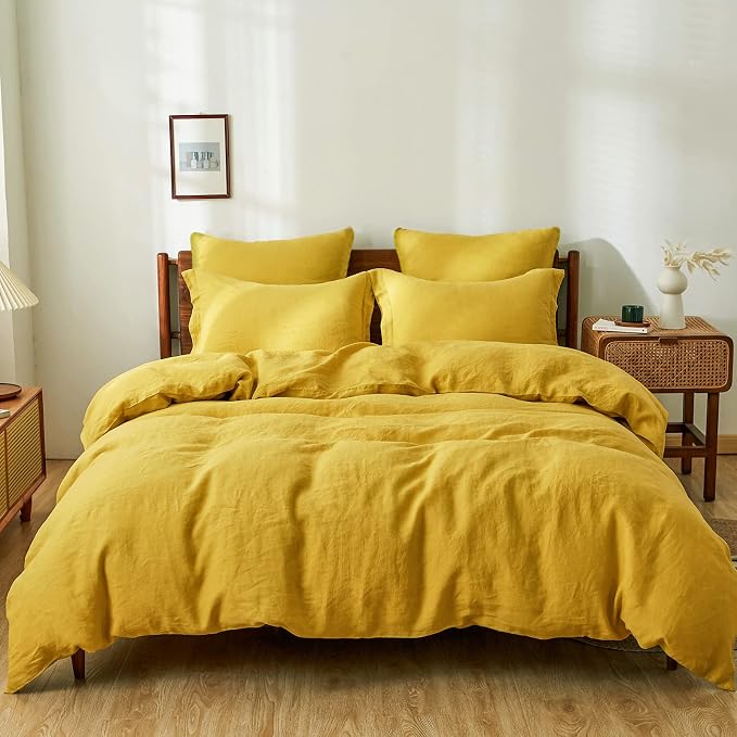 Simple&Opulence 100% Linen Duvet Cover Set 3pcs Basic Style Natural French Washed Flax Solid Color Soft Breathable Farmhouse Bedding with Button Closure - Mustard Yellow, King
