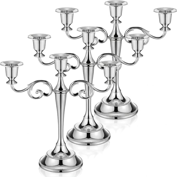 Dandat 3 Pcs 3 Arm Metal Candelabra Candlestick Holders Tall Candlestick Holders Gothic Candle Holder for Home Wedding Church Christmas Party (Classic,10 Inch,Silver)