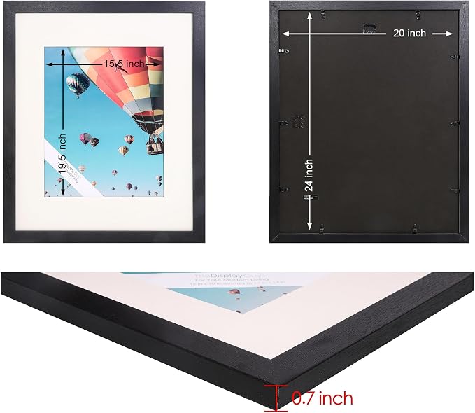 The Display Guys - Black Wooden Minimalist Picture Frames Set - Tempered Glass - 20x24 matted to 16x20 - Wall Hanging - 4-Pack