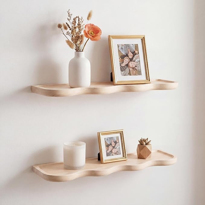 Pinkunn 2 Pcs Natural Wood Floating Shelves for Wall 24 Inch Wooden Wave Live Edge Floating Shelves Modern Scalloped Mounted Shelf Farmhouse Wall Decor for Home Living Room Bedroom Kitchen Decor