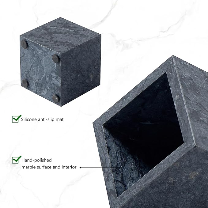 Real Luxurious Natural Marble Toothbrush Holder & Makeup Brush Organizer & Pen Holder for Desk,3.93inch Square Marble Utensil Holder Non-Ceramic/Non-Resin （Gray）