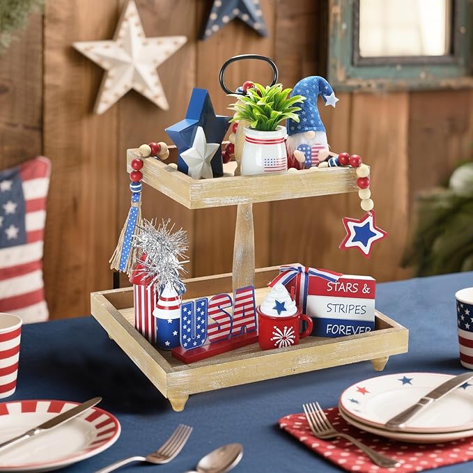 4th of July Decorations 8 Pcs Tiered Tray Decor, Patriotic Memorial Day Independence Day Decorations for Home Office Indoor, Fourth of July Table Centerpiece Shelf Mantel Red White and Blue Decor Sign