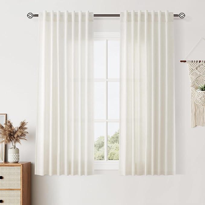 Nanspring Short Linen Curtains Cream Kitchen Back Tab Semi Sheer Curtain Light Filtering Rustic Thick Burlap Linen Drapes for Living Room, Set of 2 Panels, 50 x 45 inches Long, Natural