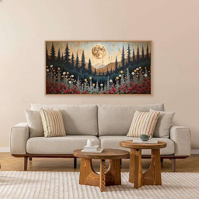 Vintage Moon Forest Framed Canvas Wall Art Set, 20"x40" | Boho Colorful Floral Mountain Nature Landscape Wildflower Pine Tree Modern Art Print Living Room Bedroom Hallway