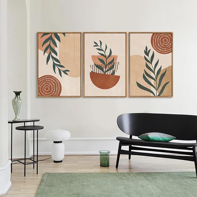 Rantodecor Large Boho Framed Canvas Wall Art Set of 3, Mid Century Modern Wall Decor, Bohemian Beige Geometric Line Art Paintings, Neutral Sage Green Leaf for Bedroom Living Room Office Home 24"x36"