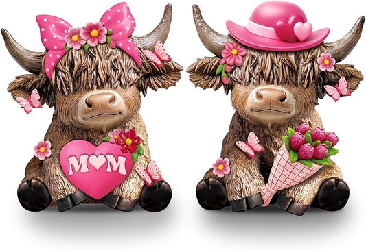 Karenhi 2 Pcs Mother's Day Highland Cow Figurines, Flowers and MOM Heart Resin Cow Gnomes Scottish Resin Statue Calf Lovers Gifts for Home Garden Kitchen Office Tiered Tray Table Decor