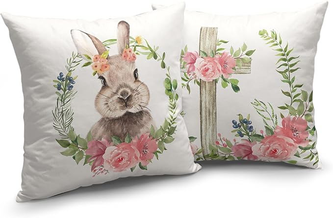 Easter Cross Floral Cushion Case Bunny Floral Garland Throw Pillow Case Spring Cotton Linen Square Pillow Covers 20x20 for Indoor Outdoor Sofa Car Set of 2