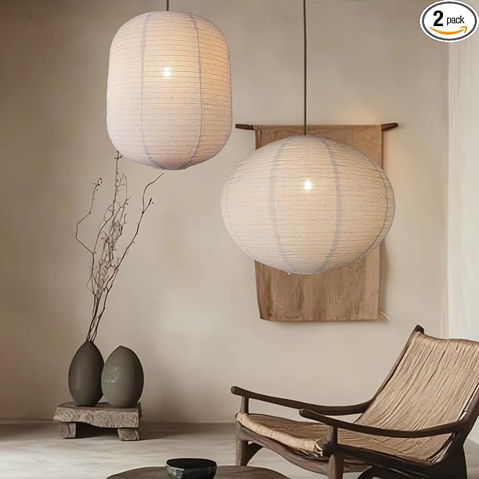 METHEDEECO 2-Piece Hanging Lamp Shade Set, 1 Oval 20x15 in + 1 Cylinder 13.5x17 in, Faux Linen Fabric Pendant Light Shades, Foldable Minimalist Pendant Lantern Shades, Nature Beige, Shades Only