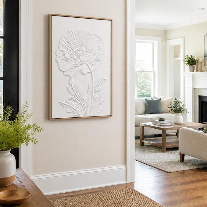 SAFERRYHOME White Flower Textured Carve Wall Art, 24"x36" Framed | Large 3D Floral Framed Canvas Wall Decor, Modern Flower Botanical Painting Elegant Nature Artwork for Home Office Living Room