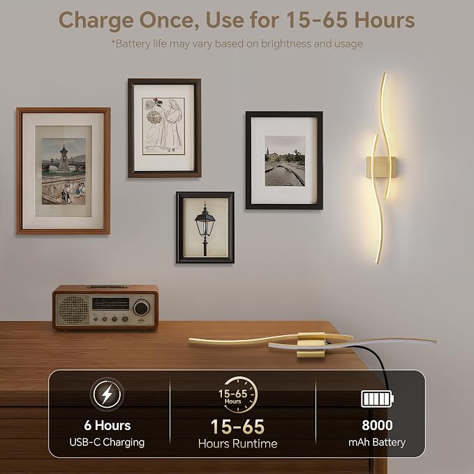 Battery Operated Wall Sconce Set of 2, Dimmable Modern LED Wireless Wall Light with Remote Control, Sconce Wall Decor for Living Room, Hallway, Quick Install, No Electrician Required