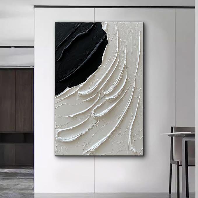 Creespi Large Hand Painted Black and White Thick Textured Wall Art 30x45 inch,Modern Minimalist Abstract Oil Painting On Canvas for Wall Decoration