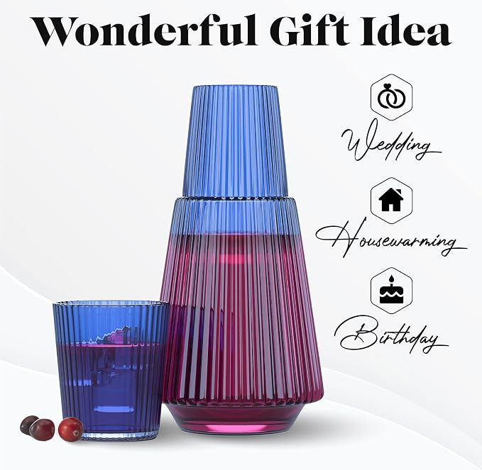 American Atelier 37 oz Vintage Bedside Water Carafe with Tumbler Lid – 9.25" Ribbed Glass Pitcher for Nightstand, Guest Room, Office, Functional & Stylish Drinkware for Daily Use (Blue)