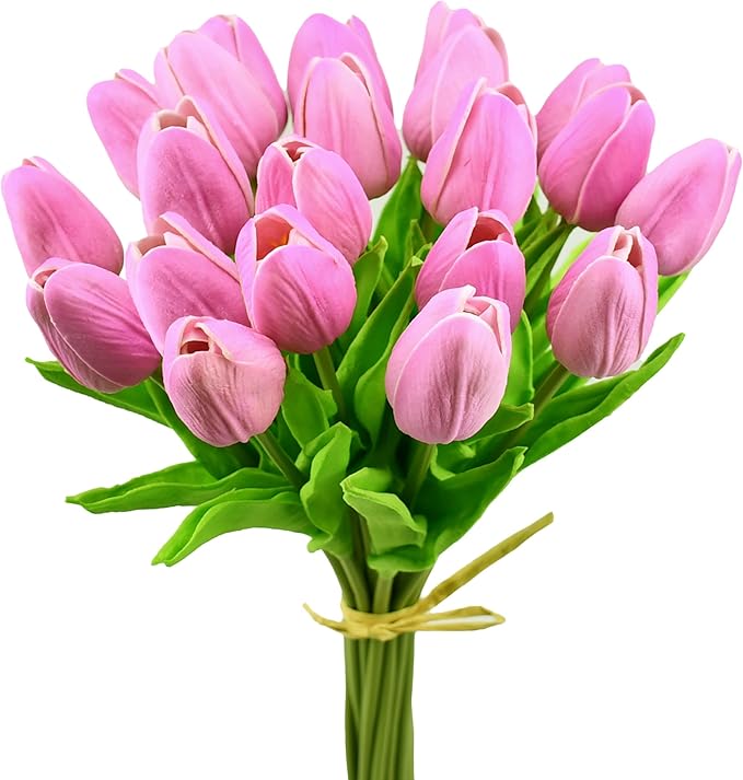 Mandy's Lavender Artificial Tulips Flowers Centerpiece, 13.5" Lifelike PU Fake Floral Stems 20pcs for Kitchen Island & Dining Table, Spring Decor for Easter