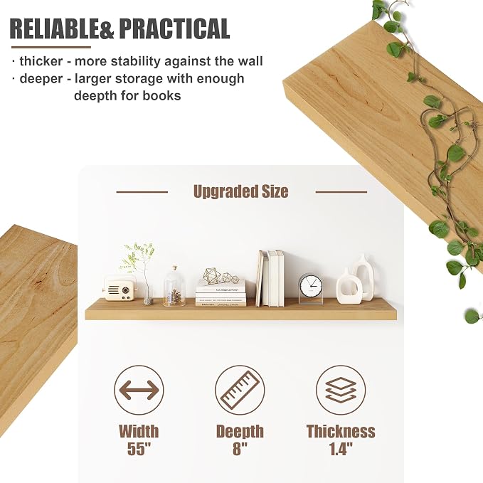 FLYJOE Floating Shelves for Wall, USA-Sourced Brich Wood 55 Inch Long Wall Shelves, Natural Wooden Mounted Picture Ledge Shelf, Nursery Book Storage Shelf Kids Bookshelf, Display Shelf for Bathroom
