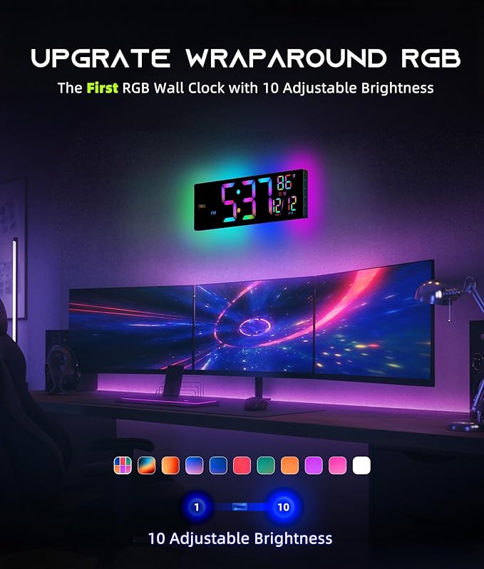 EASYERA 16.5" Large Digital Wall Clock with BT Sync, RGB Lights with 11 Scenes Mode Remote Control, Dual Alarms with Big LED Display, Auto DST, Temperature for Classroom Gaming