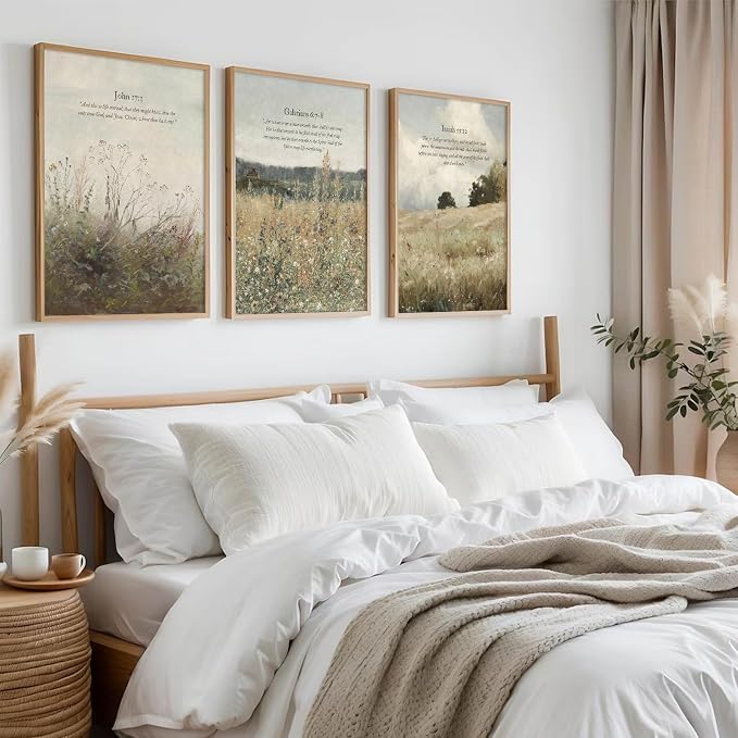 Christian Wall Art Bible Verse Canvas Poster Wildflower Wall Decor Scripture Wall Art Landscape Painting Vintage Field Prints Farmhouse Picture for Bedroom Bathroom 16x24 Inch Unframed Set of 3