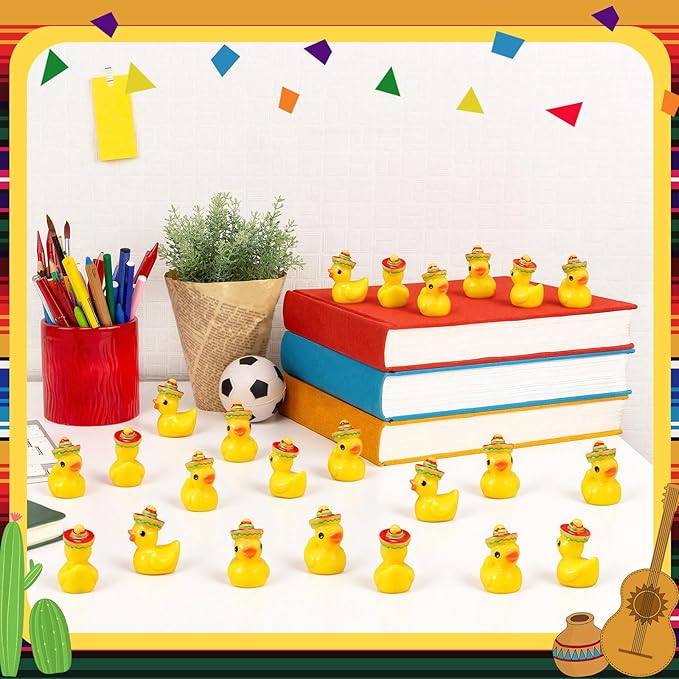Halloscume 50 Pcs Mini Resin Mexican Ducks Decoration Tiny Duck Miniature with Mexican Hat Small Resin Animals Figures Landscape Decor for Home Office Car Decor Festive Gift