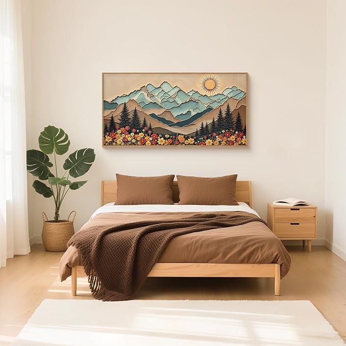 Large Boho Wood Grain Mountain Framed Canvas Wall Art Set,Vintage Sunrise Forest Floral Wall Decor,Rustic Natural Wilderness Art Printing for Living Room,Bedroom,Office-20 * 40"