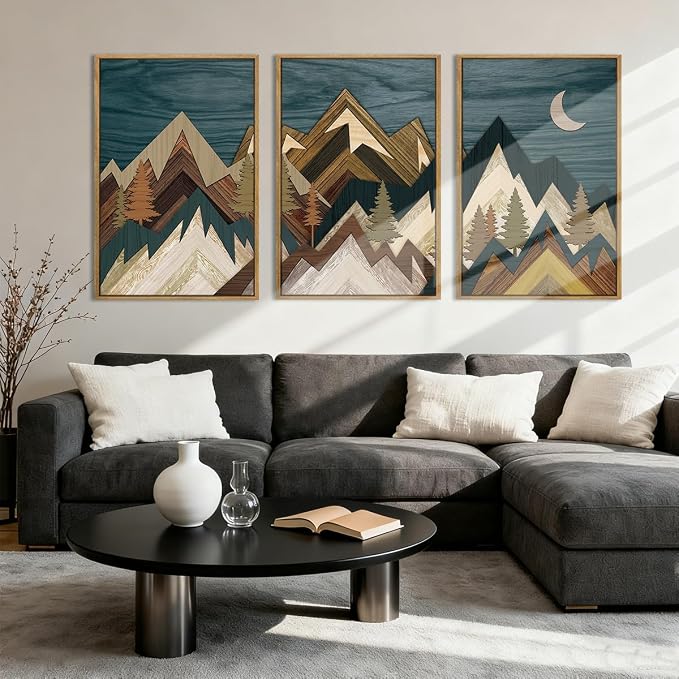 BINCUE Framed Mountain Wall Art Landscape Wall Decor Moon and Nature Artwork Mountains Wall Pictures Nature Landscape Art Prints Rustic Mountain Paintings for Farmhouse Bedroom Living Room Office 16x24 Inches Set of 3