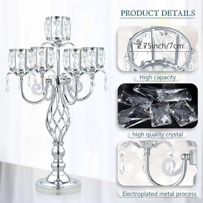 23.2 inch Tall Elegant and Chic 5 Arm Pendant Crystal Candlestick Holder Table Decoration tealight Candle Holder, Candelabra for Gorgeous Wedding/Parties Table Centerpiece (2, Silver)