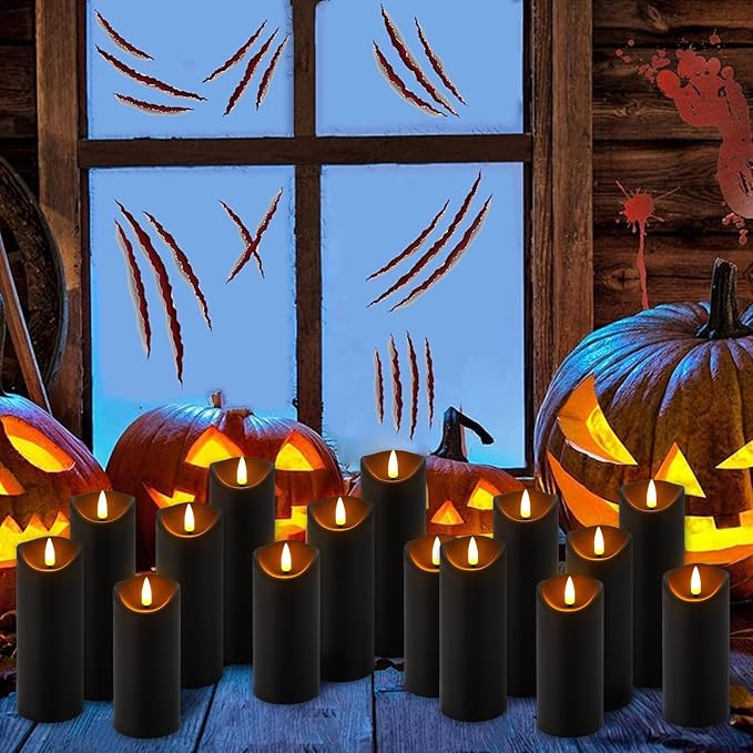 24 Pack Black Halloween Decoration Flickering Flameless Candles(D2.2 xH 5" 6" 7"), Battery Operated LED Pillar Candles with Remote Control and Timer,for Home Decor.
