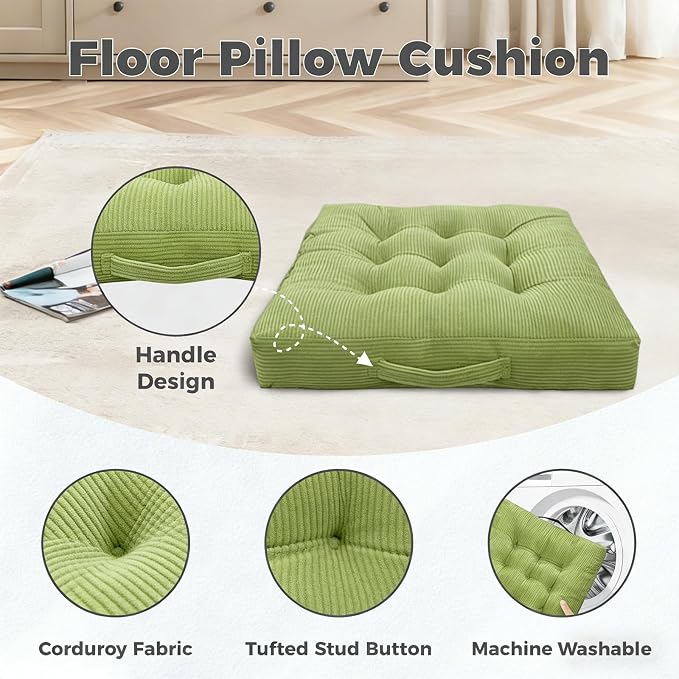Beige Floor Cushion Floor Sitting Cushions Tufted Velvet Portable Seat Cushions with Handle, 18x18 Inch Set of 2, Machine Washable Chair Pads for Kitchen Dining Room Patio Seats