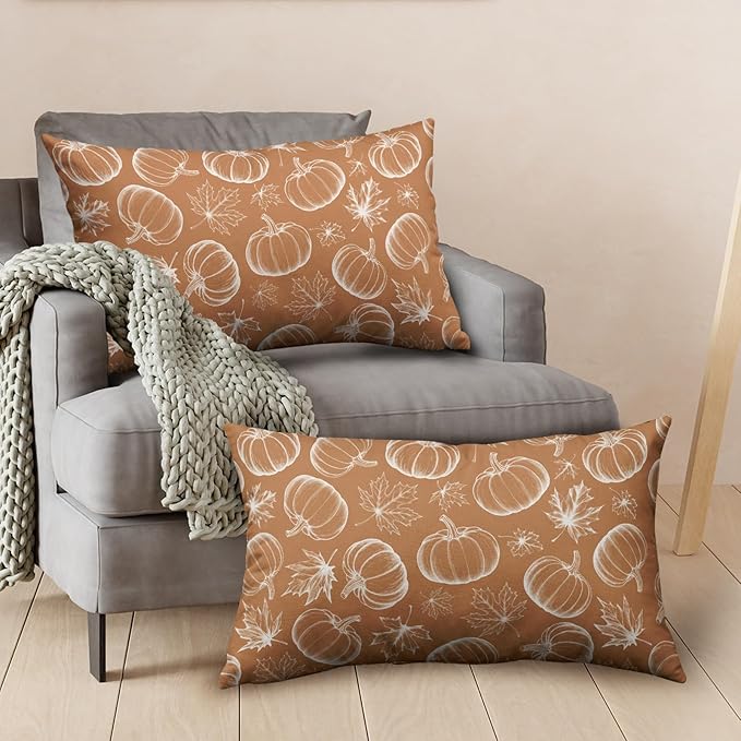 Fall Lumbar Pillow Covers 12x20 Set of 2 Burnt Orange Pumpkin Maple Leaves Throw Pillow Covers Autumn Rectangular Pillowcase Thanksgiving Cushion Case for Home Decor Sofa