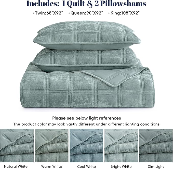 PHF Ultra Soft Velvet Quilt Set Queen Size – 3PCS Luxurious Cozy Quilted Comforter Alternative with Diamond Pattern, Warm Quilted Bedspread Coverlet, 90" x 92", Dusty Blue