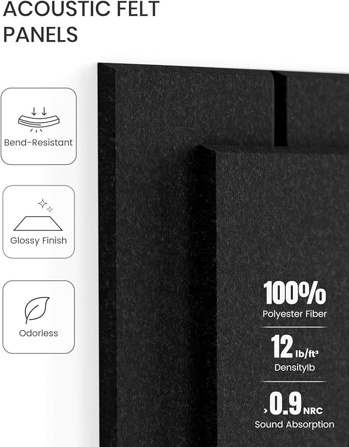 Fluxynara Felt Bulletin Board Tiles Large 48" x 36" Cork Board Alternative-12 Pack with 70 Adhesive Tabs, Thick Slat Wall Panels for Office Decor, Push Pin Board Wall Organizer Alternative -Black