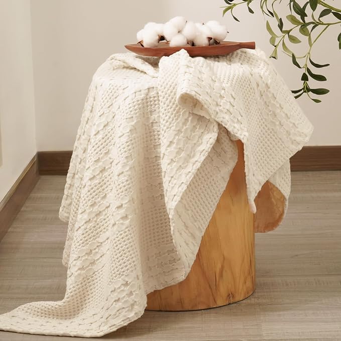 PHF 100% Cotton Waffle Throw Blanket for Couch, Lightweight Breathable and Soft for Summer, Luxury Aesthetic Waffle Weave Blanket for Home Decor & Office, Gifts for Women, 50"x60", Natural