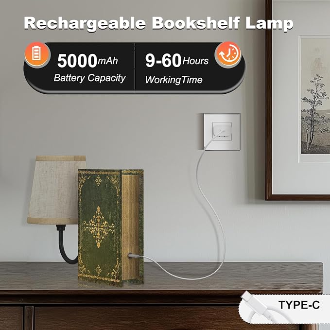 Vintage Bookshelf Lamp Rechargeable, Cordless | Linen Shade, Dimmable Touch Control, Modern Decorative Bookend, Book Lamp Design